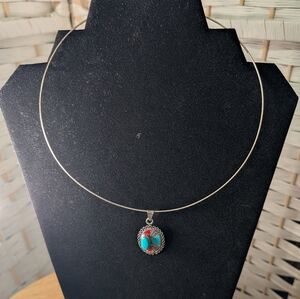 Turquoise & Coral Colored Pendant Wire Necklace